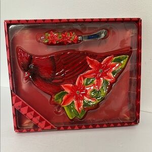 Cypress Home NOS Holiday Cardinal & Poinsettia Design Ceramic Cheese Plate Knife
